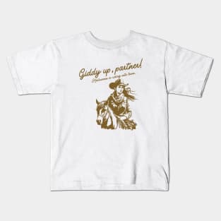 Giddy up, partner! Halloween is riding into town. Western cowgirl halloween Kids T-Shirt